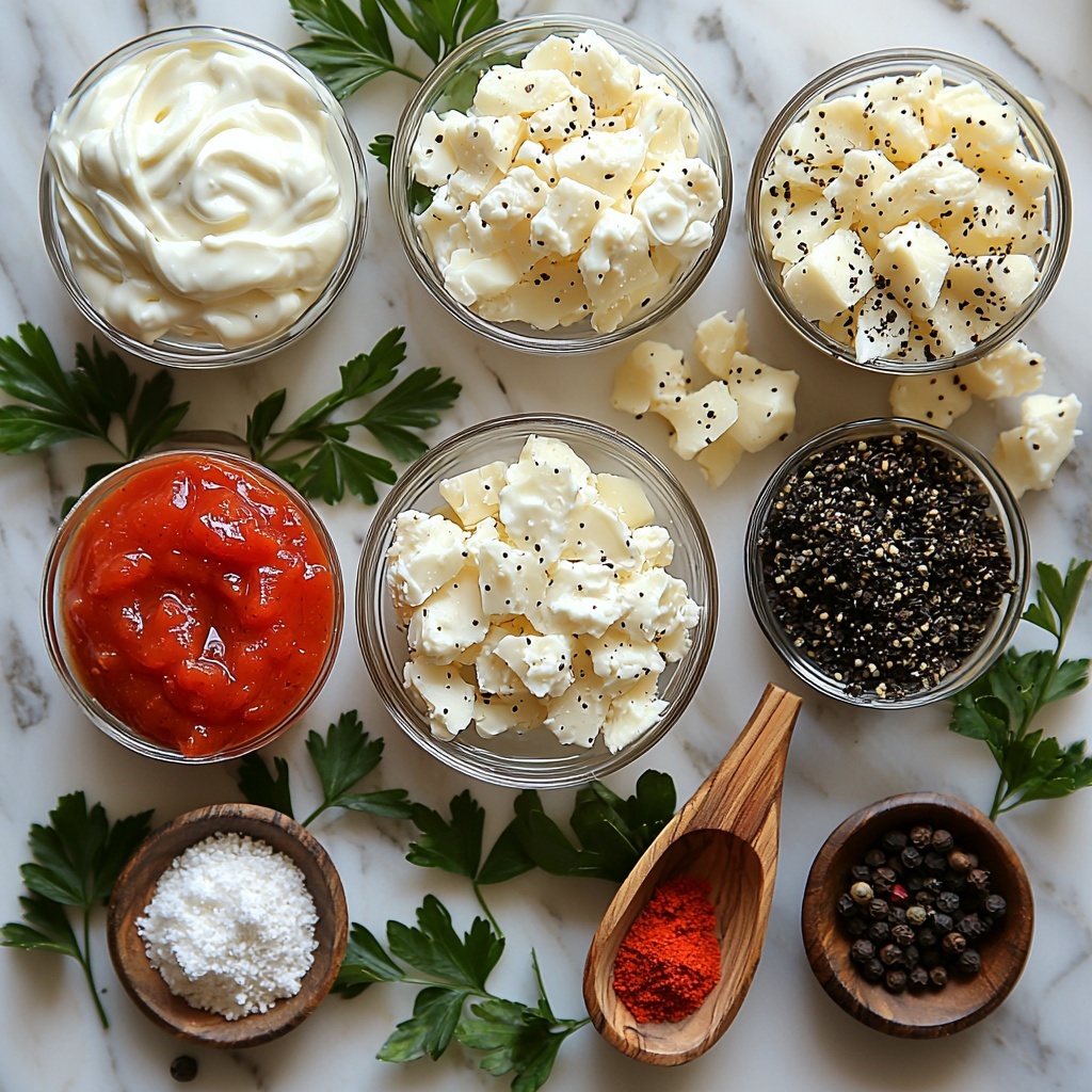 A clean white marble surface with ingredients for Raising Cane's Chicken Finger Sauce neatly arranged in small glass bowls: creamy white mayonnaise with a smooth texture, bright red ketchup glossy and thick, a small dish of dark brown Worcestershire sauce with a reflective sheen, a wooden spoon sprinkled with fine off-white garlic powder, and a rustic small bowl containing freshly cracked black pepper with irregular coarse pieces. Fresh sprigs of parsley for contrast placed casually beside the ingredients. The arrangement is balanced and spaced evenly for visual harmony, with natural soft daylight illuminating the colors and textures, gentle shadows creating depth. Overhead shot, top down view, flat lay photography, professional food styling --ar 1:1 --q 2 --s 750 --v 6.1
