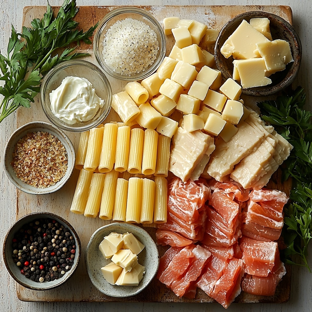 /Imagine a clean, light-colored wooden surface with all main ingredients for Chicken and Rigatoni in Parmesan Sauce artfully arranged in a balanced flat lay. Centered are uncooked rigatoni pasta pieces, pale golden tubes with ridged texture, slightly spilling from a small rustic bowl. Nearby, raw bite-sized chicken breast pieces, fresh and pale pink, neatly placed on a white ceramic plate. A small heap of finely grated Parmesan cheese, snowy white with a slightly crumbly texture, contrasts against the surface. A white measuring cup filled with smooth, creamy heavy cream, glistening softly under light. A glass container of translucent golden chicken broth nearby, highlighting its clear, warm tone. Three glossy garlic cloves, minced and displayed beside unpeeled bulbs with papery skins. A vintage butter dish holds three tablespoons of rich, creamy yellow butter. Small bowls contain Italian seasoning, coarse salt, and cracked black pepper, each showcasing distinct earthy green, crystalline white, and deep black colors. Fresh parsley sprigs with vibrant green leaves add a fresh pop of color, casually arranged to the side. Soft natural light illuminates the scene, enhancing textures and colors, with subtle shadows for depth. Minimalistic styling, emphasizing natural colors and textures, clean lines, and visual balance for an inviting, appetizing composition. overhead shot, top down view, flat lay photography, professional food styling --ar 1:1 --q 2 --s 750 --v 6.1