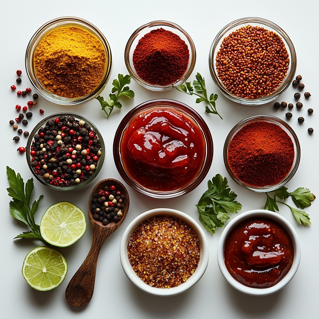 A clean white surface softly lit with natural light showcasing the main ingredients for homemade BBQ sauce arranged neatly and aesthetically: a small clear glass bowl of bright red ketchup, a rustic wooden spoon heaped with rich, dark brown sugar, a small glass bowl of vibrant yellow-brown dry mustard powder, a shallow white dish with deep red paprika powder, a small glass jug of amber Worcestershire sauce, a small white ramekin filled with fine white salt, another ramekin with freshly ground black pepper, a wedge of fresh lime with bright green skin and juicy interior next to a small glass bowl with pale translucent lime juice, a clear glass bowl of clear water, and a tiny bowl with deep red hot pepper sauce. The textures contrast beautifully—smooth ketchup, granulated sugar, fine powders, and glossy liquids—with slight fresh citrus leaves casually placed nearby for a pop of green. All ingredients spaced evenly, cleanly styled with minimal shadows, evoking freshness and balanced flavors. Overhead shot, top down view, flat lay photography, professional food styling --ar 1:1 --q 2 --s 750 --v 6.1