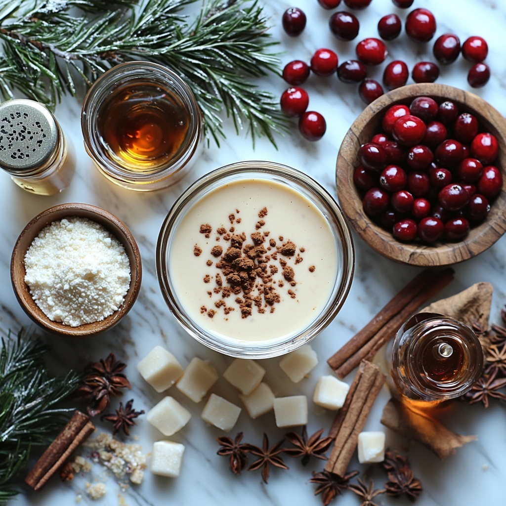 Eggnog panna cotta ingredients flat lay on a clean white marble surface: a small bowl with shimmering translucent unflavored gelatin powder blooming in clear cold water, a glass measuring cup of thick creamy heavy cream, a festive glass jug filled with rich golden eggnog, a neat pile of fine white granulated sugar, a small glass bottle of vanilla extract with a warm amber hue, a rustic wooden bowl overflowing with glossy fresh bright red cranberries, a small clear bowl of warm brown sugar crystals, a tiny dish with vibrant orange zest curls, a single dark brown cinnamon stick with textured bark, a small clear glass filled with deep amber brandy or bourbon, and a small bowl of sparkling water, all carefully spaced with soft natural daylight casting gentle shadows, subtle sprigs of fresh green herbs for contrast, clean minimalistic styling, focus on rich colors and varied textures, crisp sharp details, overhead shot, top down view, flat lay photography, professional food styling --ar 1:1 --q 2 --s 750 --v 6.1