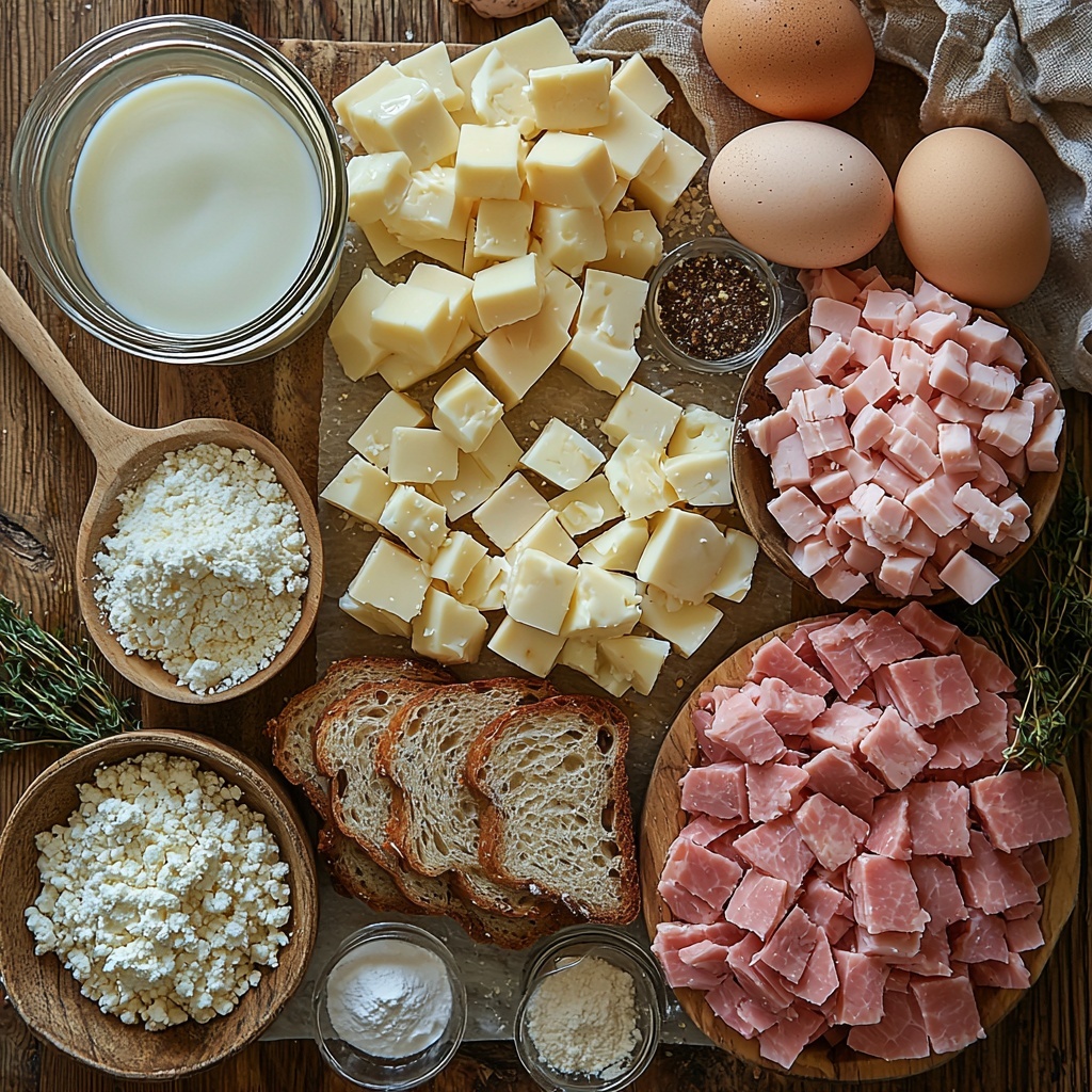 8 slices of rustic bread with golden crusts and soft white interiors, 6 large brown eggs with smooth shells, a glass measuring cup filled with creamy white milk, a small bowl of shredded Swiss cheese with a pale yellow color and soft texture, diced ham cubes in light pink tones with a slightly glossy surface, diced turkey pieces in off-white with subtle pink hues, a small white ramekin of fine white powdered sugar, a small glass bowl of rich brown ground cinnamon, and a bottle or small container of clear vanilla extract, all carefully arranged on a clean white marble surface. The ingredients are spaced evenly in a circular or grid pattern with natural soft light casting gentle shadows, highlighting the varied textures such as the rough bread crusts, smooth eggshells, and finely shredded cheese. Simple props like a wooden spoon and linen napkin in muted earth tones add warmth and contrast. The composition is minimalistic yet inviting, emphasizing freshness and the promise of a comforting breakfast casserole. overhead shot, top down view, flat lay photography, professional food styling --ar 1:1 --q 2 --s 750 --v 6.1