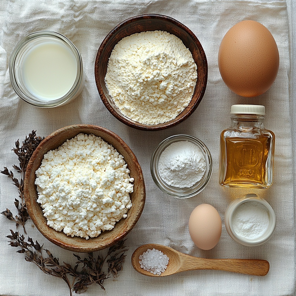 A clean, bright flat lay of the main ingredients for funnel cake bites arranged neatly on a smooth white surface: a small heap of white all-purpose flour in a rustic ceramic bowl, a wooden spoon resting beside it with a tablespoon of granulated sugar sparkling in natural light, a small glass dish with fine white baking powder, and a tiny bowl holding pale pinkish salt crystals. Nearby, a clear glass measuring cup filled with creamy, off-white milk, an elegant white ceramic ramekin holding one large brown egg, and a small vintage glass bottle of golden vanilla extract with a delicate label. A small metal sifter dusted with powdered sugar lies next to the ingredients, hinting at the final touch. Textures range from powdery and fine to smooth and glossy, with subtle natural shadows creating depth. The arrangement is balanced, inviting, and minimalist, styled with fresh linen napkins and a hint of rustic wooden accents for a cozy, artisanal feel. Overhead shot, top down view, flat lay photography, professional food styling --ar 1:1 --q 2 --s 750 --v 6.1