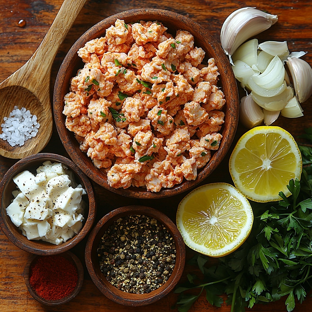500 grams raw ground chicken in a small bowl, finely chopped medium onion with visible texture, three peeled garlic cloves sliced and minced, a small pile of fresh bright green chopped parsley, scattered whole cumin seeds and coriander seeds next to teaspoon spoons filled with ground cumin and ground coriander, small salt and black pepper piles neatly arranged, small glass bowl with golden olive oil, a rustic ceramic bowl filled with creamy white plain yogurt, a halved bright yellow lemon with fresh juice droplets, a pinch of coarse salt in a tiny dish; all ingredients carefully spaced on a clean, light wooden surface with natural soft daylight creating gentle shadows, vibrant colors and varied textures highlighted, styled with minimal rustic props such as wooden spoons and linen cloth edges subtly placed; overhead shot, top down view, flat lay photography, professional food styling --ar 1:1 --q 2 --s 750 --v 6.1