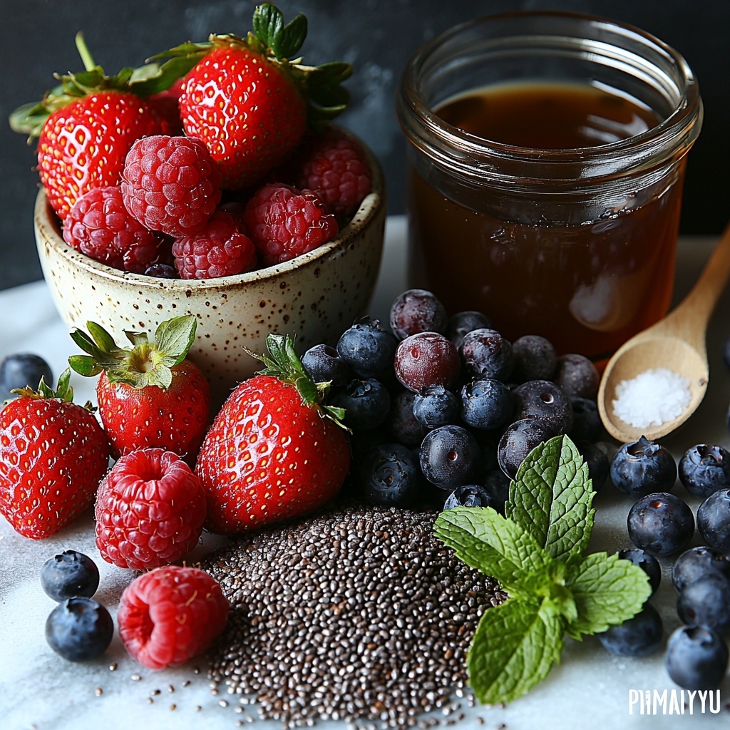 Chocolate chia seeds in a small glass bowl showing their tiny black texture, a clear measuring cup with creamy almond milk, a rustic ceramic bowl filled with rich unsweetened cocoa powder in deep brown hues, a small glass jar of golden maple syrup catching soft light, a tiny white dish with pale vanilla extract, a pinch of fine salt on a minimalist white porcelain spoons, a vibrant mix of fresh berries including bright red strawberries, deep blue blueberries, rich red raspberries, and dark blackberries arranged loosely together showing their natural textures and colors, fresh green mint leaves gently scattered nearby for a pop of color; all ingredients carefully spaced out on a smooth, clean white marble surface with soft natural daylight casting gentle shadows, minimal props, and a neutral color palette emphasizing the rich chocolate tones and vivid berry colors, styled to convey freshness and wholesome indulgence, overhead shot, top down view, flat lay photography, professional food styling --ar 1:1 --q 2 --s 750 --v 6.1