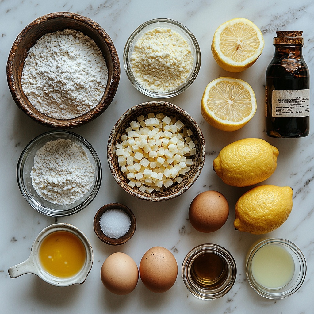 A clean, bright white surface arranged with all the main ingredients for a gluten-free lemon cake in a neat, visually appealing flat lay: a rustic ceramic bowl filled with 2 cups gluten-free all-purpose flour, a small glass bowl of 1 ½ cups granulated sugar sparkling under soft light, a tiny white dish holding 1 teaspoon baking powder, another with ½ teaspoon baking soda, and a pinch of salt in a porcelain spoon; a clear glass bowl of smooth, golden 1 cup unsweetened applesauce; a small jug with ½ cup vegetable oil reflecting light; three fresh large brown eggs arranged gently side by side; a small plate with vibrant yellow lemon zest strands and a half lemon cut to reveal juicy flesh alongside a glass bowl of ½ cup fresh lemon juice; a tiny bottle of vanilla extract with a dark brown liquid inside; and a fine sieve with powdered sugar dusted softly around the edges to suggest sprinkling. The colors range from neutral earth tones of flour and sugar to bright sunny yellows of lemon zest and juice, complemented by glossy textures of eggs and oil, all styled with minimal shadows and balanced negative space for a clean, fresh feel. overhead shot, top down view, flat lay photography, professional food styling --ar 1:1 --q 2 --s 750 --v 6.1