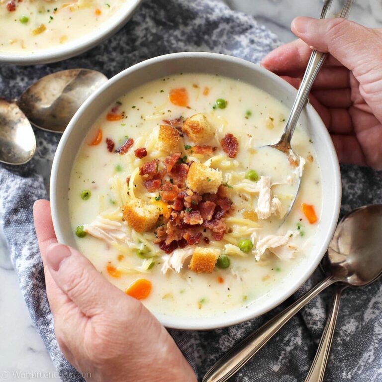 Creamy Chicken Noodle Soup with Mini Croutons and Crispy Bacon Recipe
